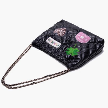 Quilted Drawstring Shoulder Black Diamond Bag With Clover And Letter Embroidery Chic
