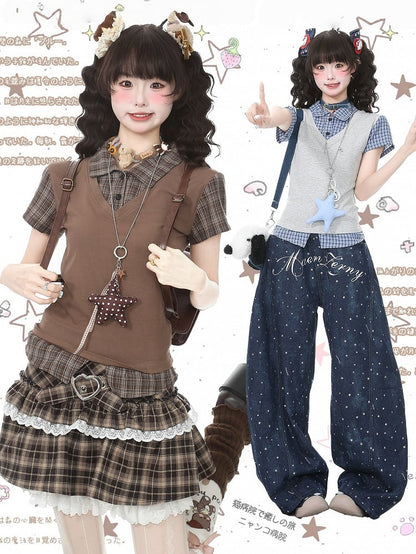 Gray Plaid Two-Piece Short Sleeve Top - Languid Park