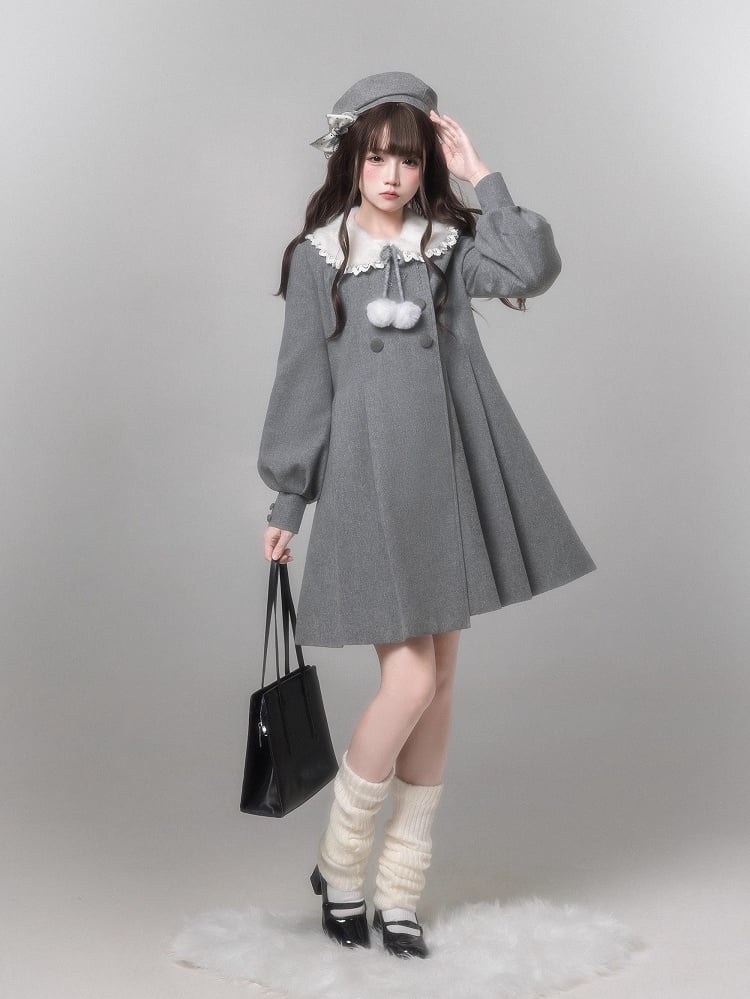 Coat Decor Pom-Pom Wool Waist-Tie Gray Aesthetic