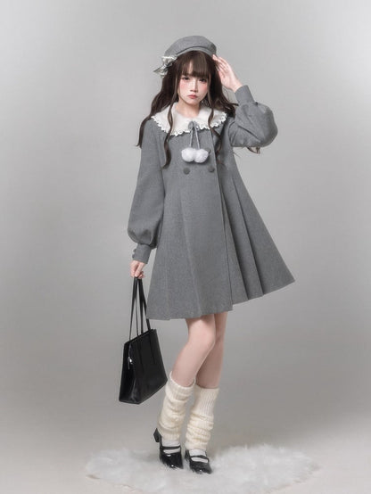 Coat Decor Pom-Pom Wool Waist-Tie Gray Aesthetic