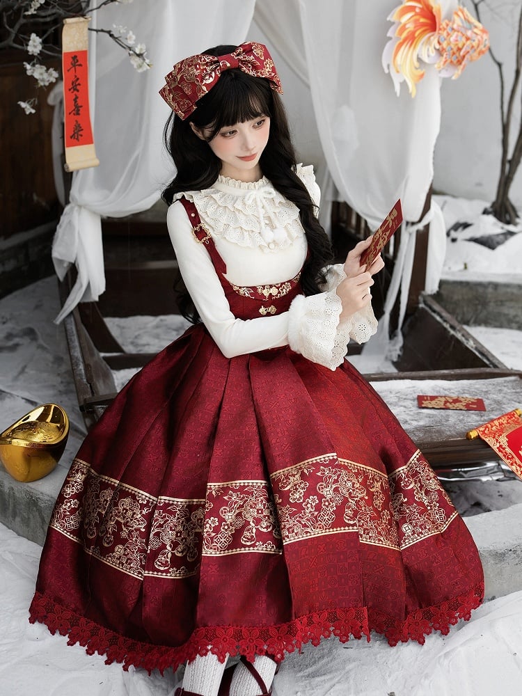 Bust Under New Bow + Long Gold KC Year Beige Version Lolita Top Red Knit JSK