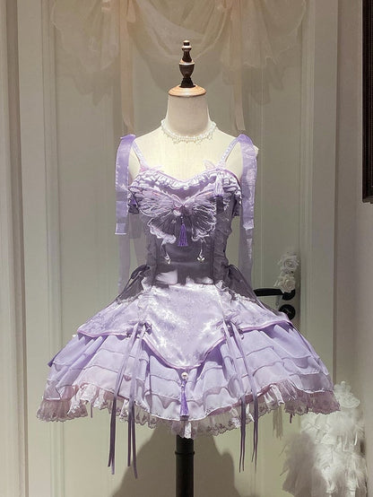 Sleeves with Fairy and Decorated Lolita Tassels Butterfly Ruffle Purple Cascading Jumper Skirt