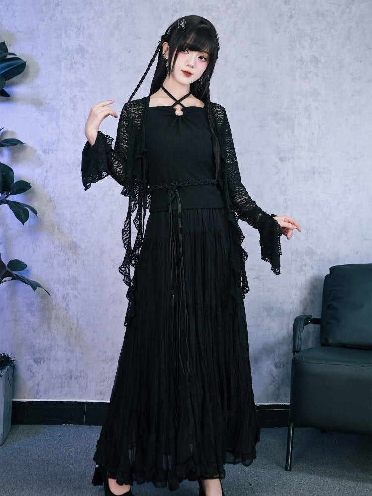 Black Hollow Lace Cardigan Asymmetrical Cut