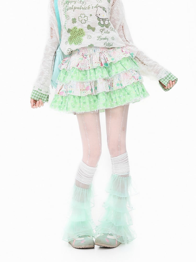 Tiered Skirt Starry with Prints Bow Y2K Botanical Accent Green