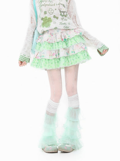 Tiered Skirt Starry with Prints Bow Y2K Botanical Accent Green