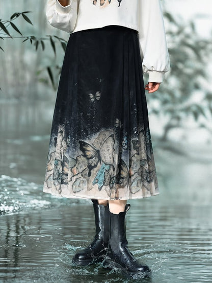 バタフライプリントスカートバージョン ロング/ショートチャイナドレス 馬の顔 プリーツスタイル ブラック