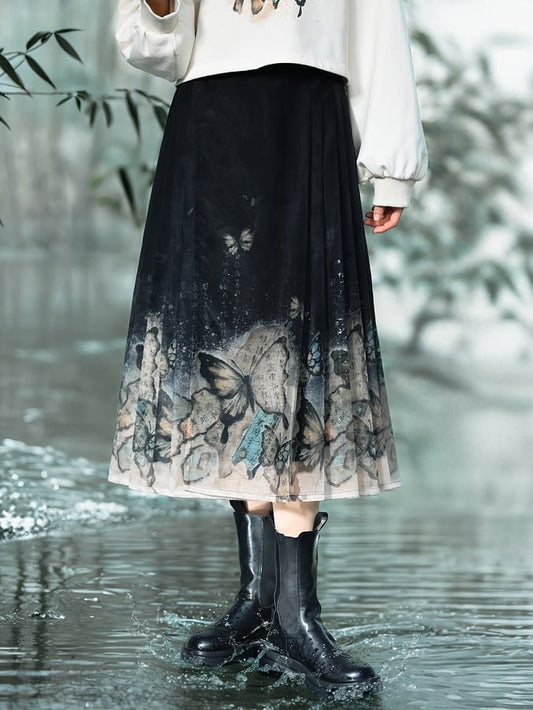 バタフライプリントスカートバージョン ロング/ショートチャイナドレス 馬の顔 プリーツスタイル ブラック