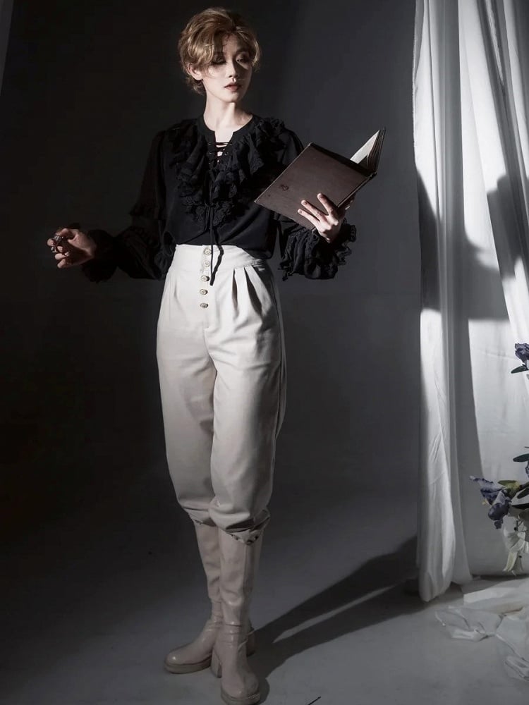 Button Ouji High-Waisted Lolita Details with Pants Beige