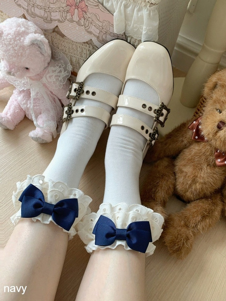 Beige Ankle Socks with Bowknot & Lace Trim, 10 Colors - ROJI ROJI