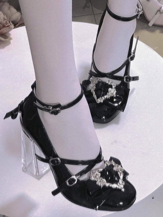 Block Leather PU Sweet for High Black Janes Transparent - Heart Lolita Decor Mary Rose Heel