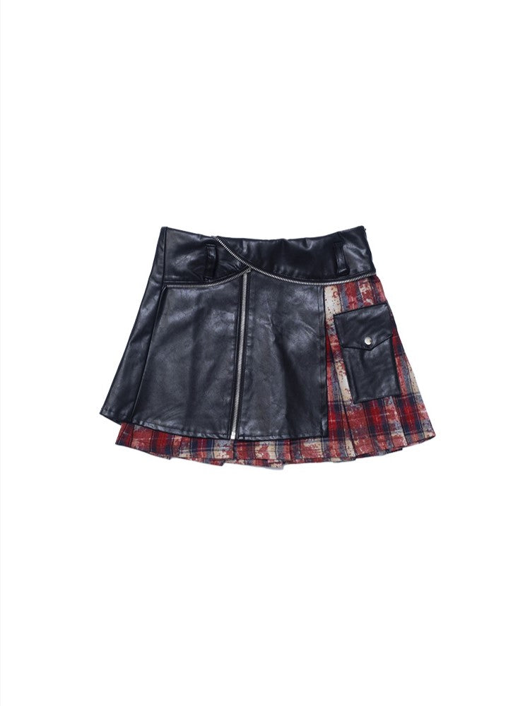 Skirt Asymmetrical Red PU with Black Accents Punk A-line Plaid