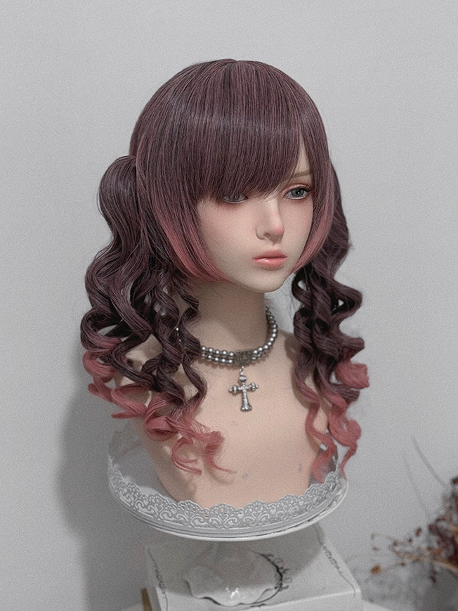30CM With Double Claw Clips Length Roman Air Curly Ombre 48CM + Bangs Wig Ponytail Pink