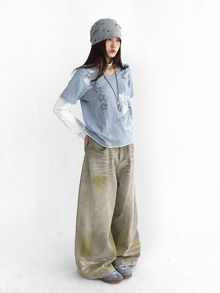Washed Faded Light Yellow Wide-Leg Jeans with Graffiti Details