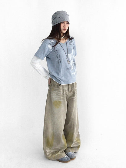 Washed Faded Light Yellow Wide-Leg Jeans with Graffiti Details