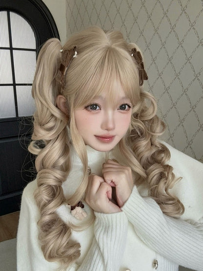 Blonde 45cm Air Bang Wig with 46cm Long Wavy Twin Tails Claw Clip - Alice Garden