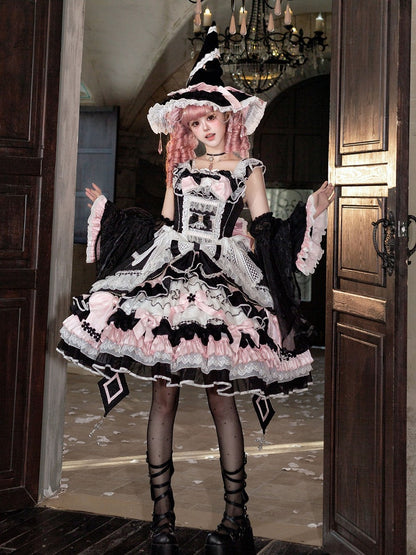 Witch-Themed Cross Accent Lolita JSK Full Ensemble in Black and Pink with Bow Train, Cape, Detachable Sleeves, Hat and Outer Sleeves - Felinae Cookie