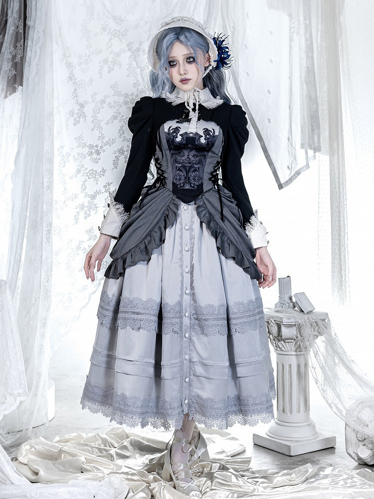 Lolita Top Long Embroidery Cropped Gothic Sleeves Black Scale