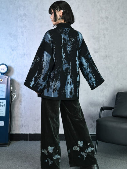 Wide-Leg Cheongsam Floral Gothic Bird Black Embroidery Chenille with Pants