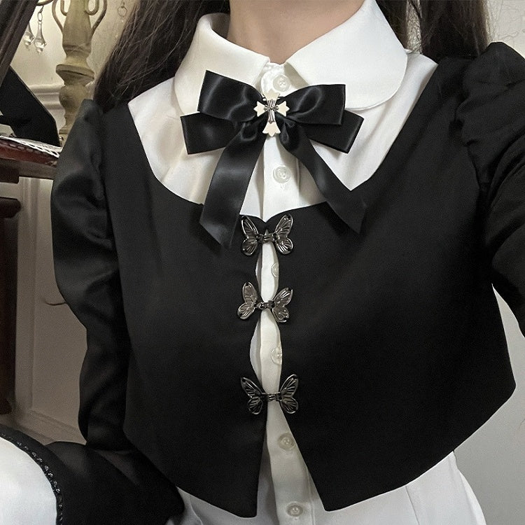 Black And White Gothic Butterfly Buckle Fake Two-piece Design Top＋ Black Tea Length Skirt Set