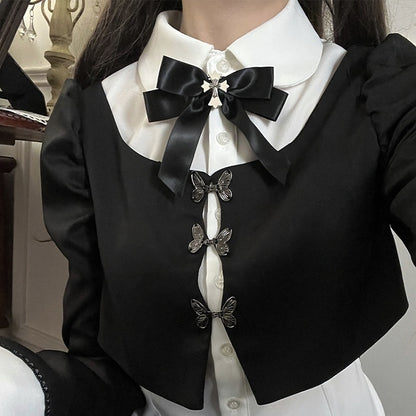 Black And White Gothic Butterfly Buckle Fake Two-piece Design Top＋ Black Tea Length Skirt Set