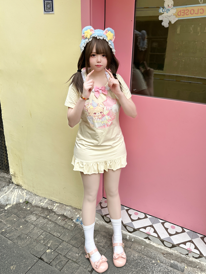 Adorable Teddy Bear Print Bowknot Ruffled Dress Neckline Embellished Pink/Yellow Mini