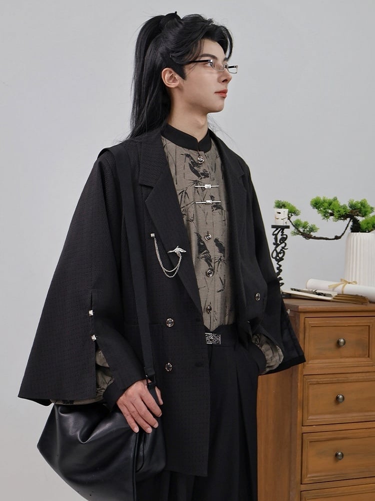 Chinese Placket Cuff Blazer Sleeve Style Black Button in Vents Breasted Double