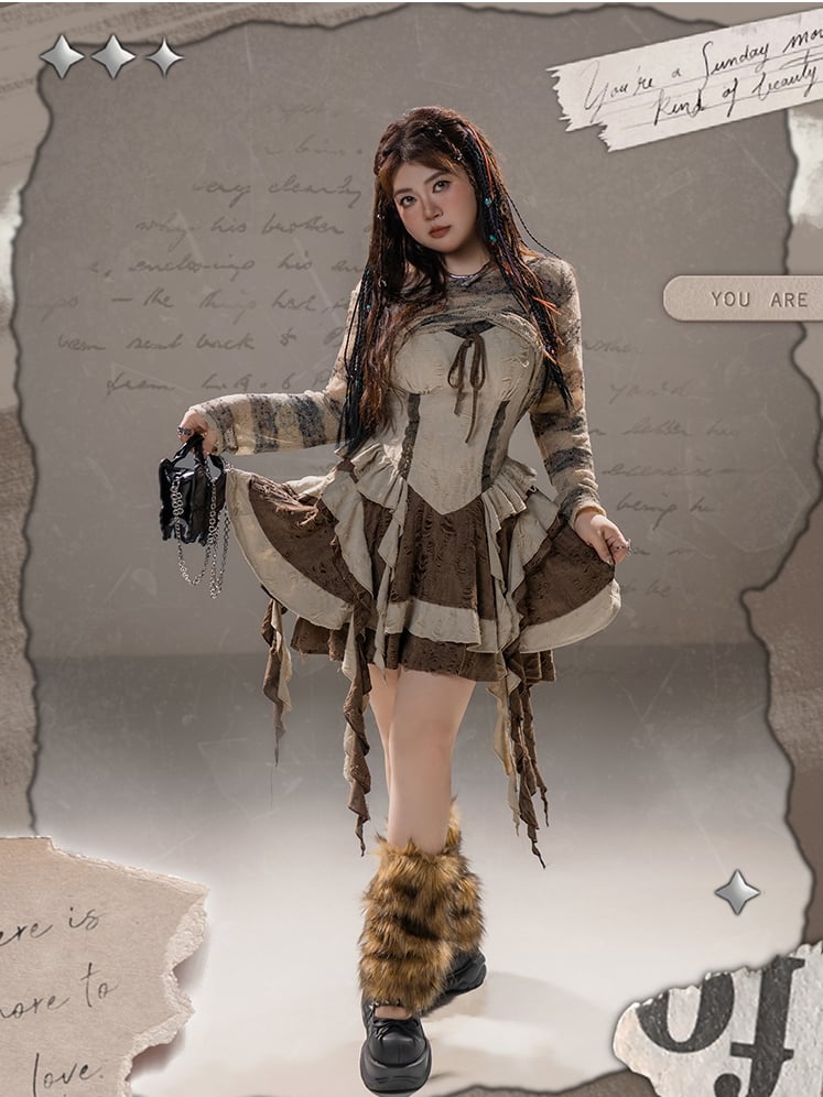 Punk Plus Size Asymmetrical Neckline Brown Striped Coverup Wasteland