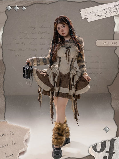 Punk Plus Size Asymmetrical Neckline Brown Striped Coverup Wasteland