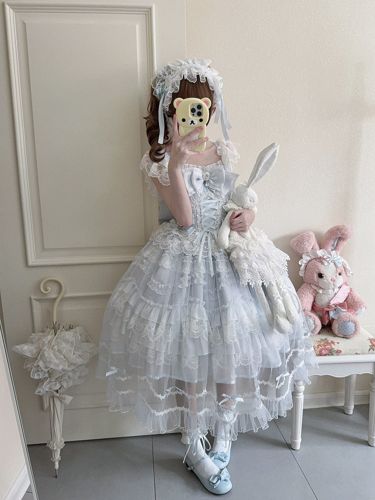 Rhinestone JSK Lolita / Details Bows Lace Blue with Overlay Full Hanayome-Style Elegant + Set Dress Multi-Layer