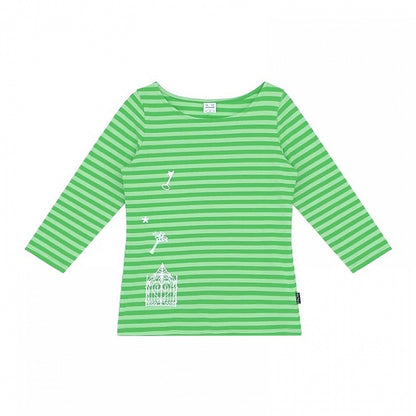 Green Striped Wide Round Neck Long Sleeve T-shirt with Key and Iron Gate Print - innomoood