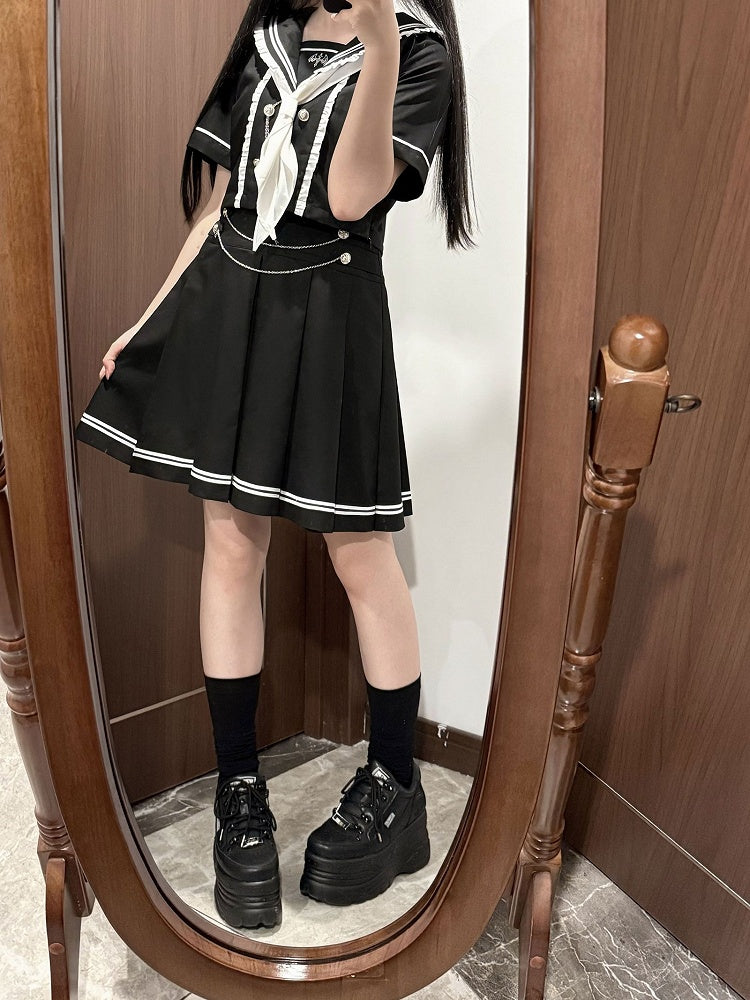 Sleeves Short Pleated Black Navycore JK Top Skirt Sailor Set- + Collar Uniform