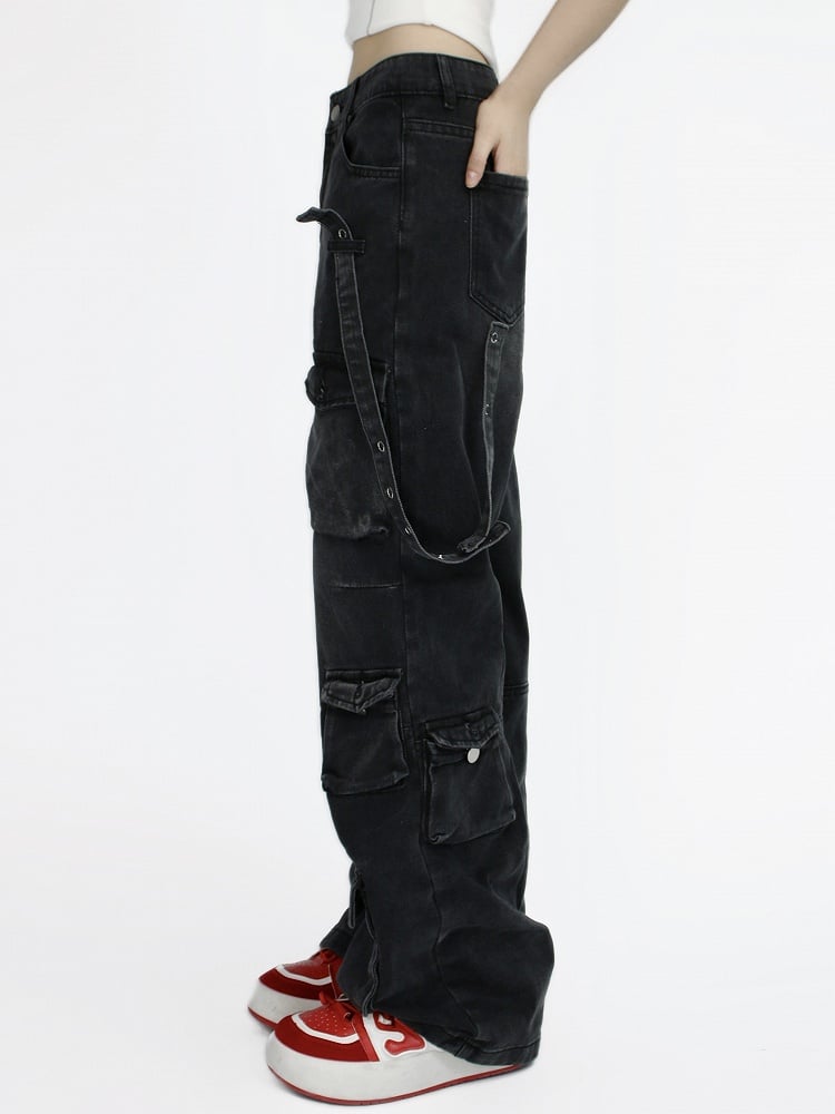 Vintage Distressed Jeans with Multiple Cargo Pockets and Denim Strap Design