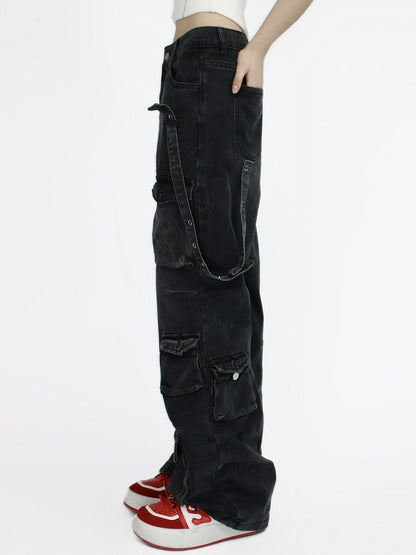 Design with Denim Jeans and Multiple Distressed Strap Pockets Cargo Vintage