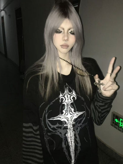 in with Faux Sigil Black Striped Gothic Sleeves Two-Piece Dark Style Top