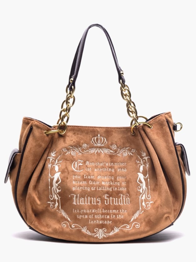 Capacity Vintage Brown Gothic Lettering Embroidered Tote Bag with Large