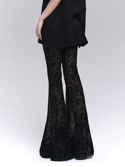 Gothic Schlaghose mit schwarzer Spitze und Rosetten