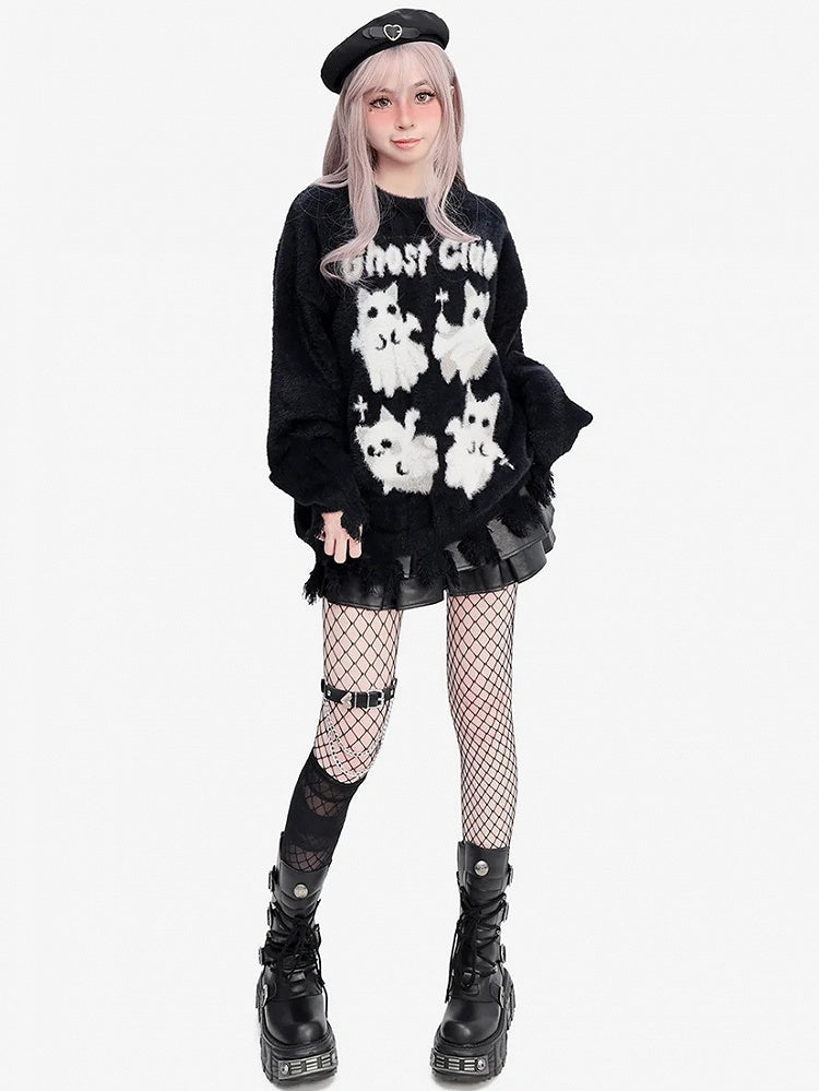 キュートなゴーストキャッツのディストレストリム ブラック ソフトセーター