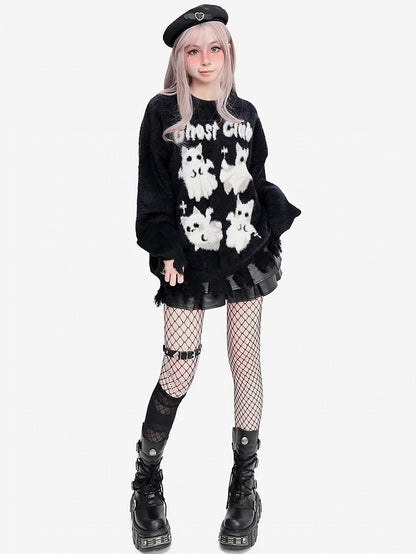 キュートなゴーストキャッツのディストレストリム ブラック ソフトセーター