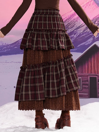 Brown Plaid Patchwork Flounce Hem Lace Skirt