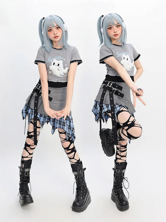 ツーピース Y2K フェイクゴースト 刺繍 レタス裾 Tシャツ グレー プラッシュ