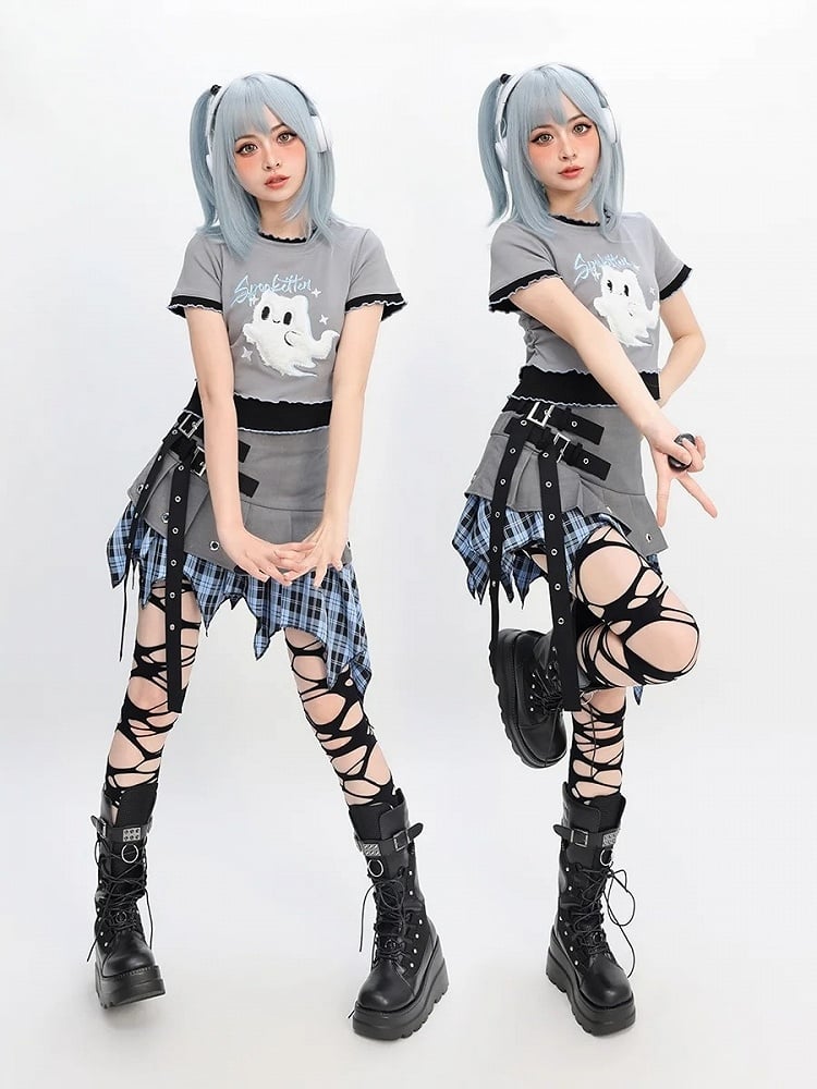 Blue Plaid Handkerchief Hem Gray Buckle Y2K Straps Skirt