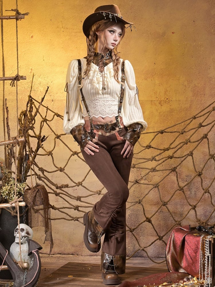 PU Brown Suspenders Orange Detachable V-Waistband Suede Lace Steampunk with Pants