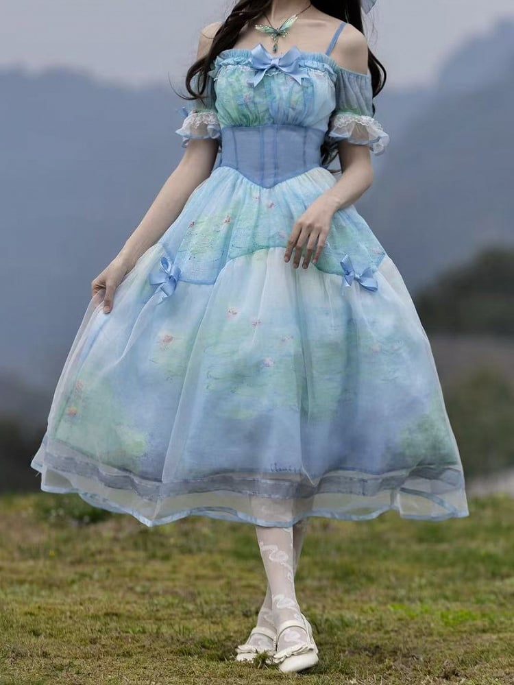 Water Lily Print Basque Waist Sky Dress with Organza Overlay Oil Painting Blue