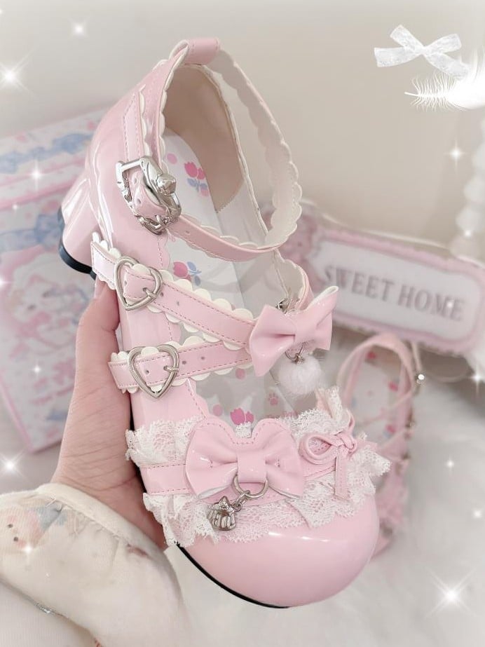 with Mary Janes Mid Lolita PU Details Bow - Heel Pink Sweet