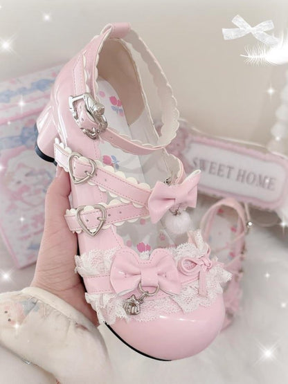 with Mary Janes Mid Lolita PU Details Bow - Heel Pink Sweet