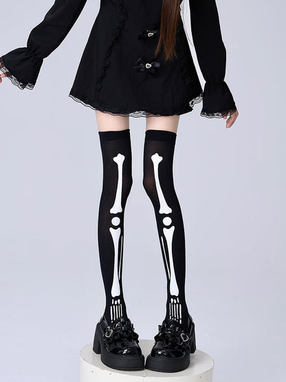 Over Stockings Black Knee Print Bone