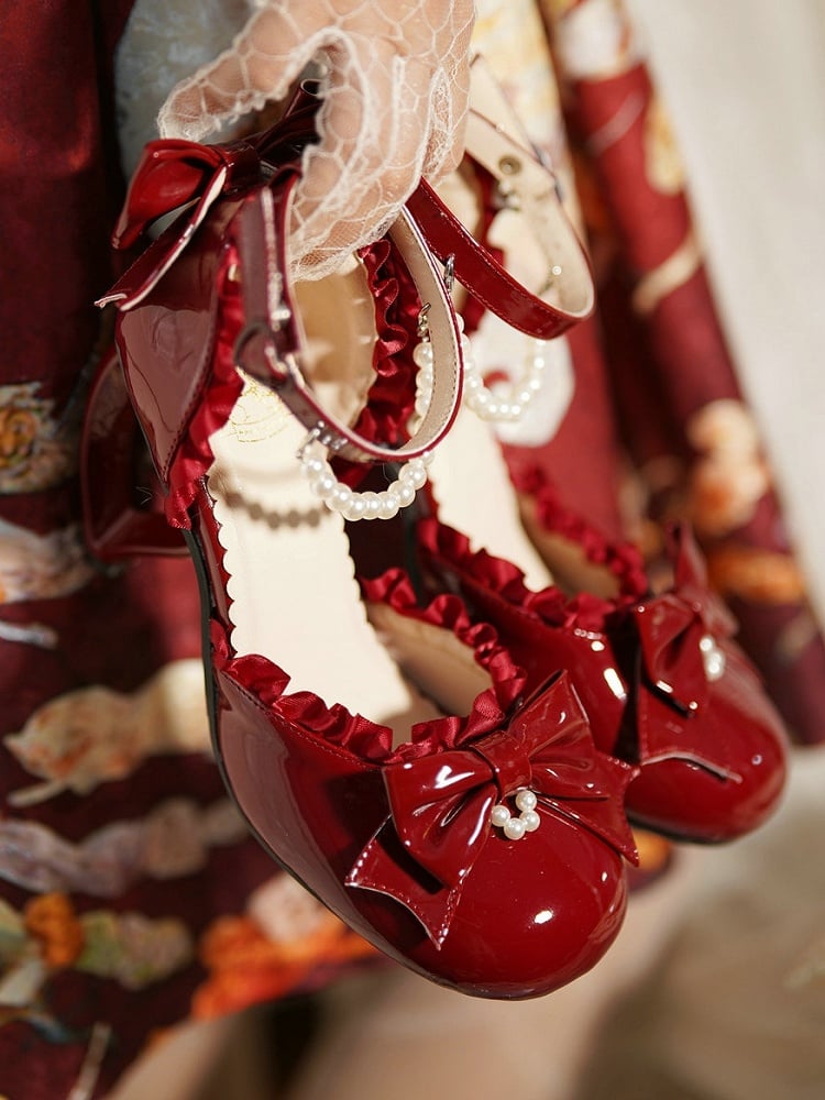 Accent Heels Red for Leather Wine Lolita Elegant PU Bow High -