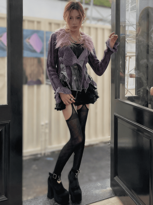 Pattern Black Tights Plaid Trim Lace Suspender