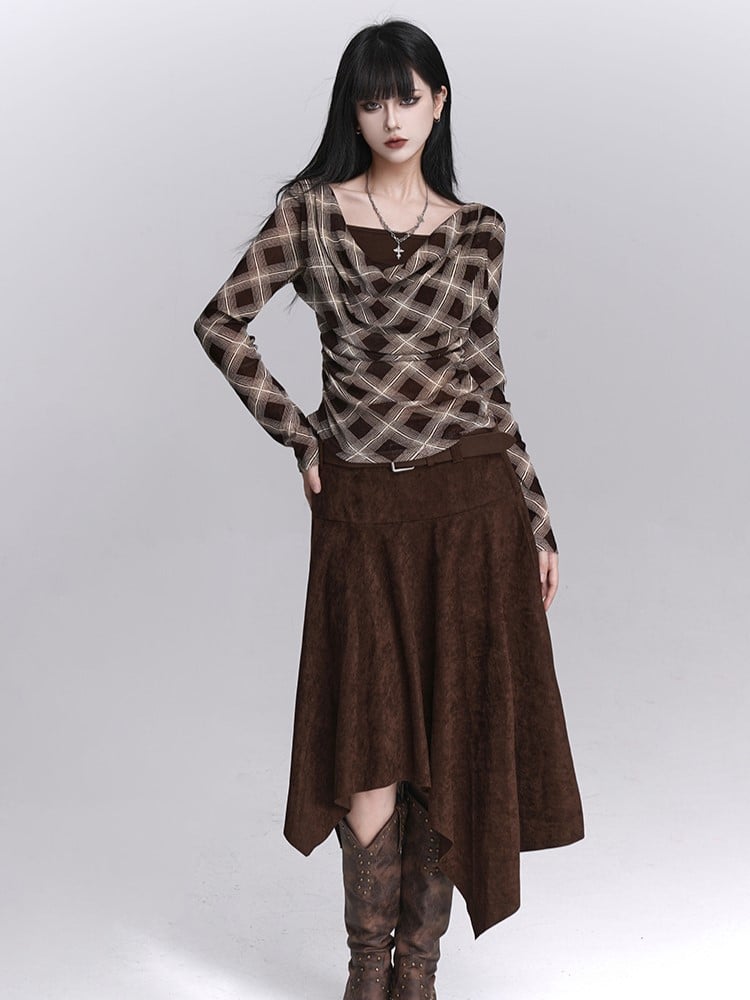 Plaid Cowl Two-Piece Neck Faux Coffee for with Top Autumn Early