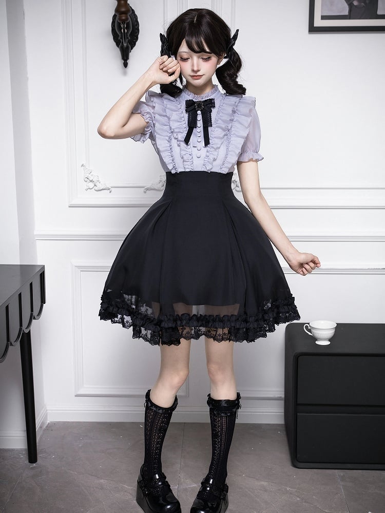 Gray Ruffled Blouse & Black Short Skirt Fake Two Pieces Lolita Dress - With PUJI